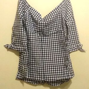 Cupio cotton navy/white plaid off the shoulder Top.